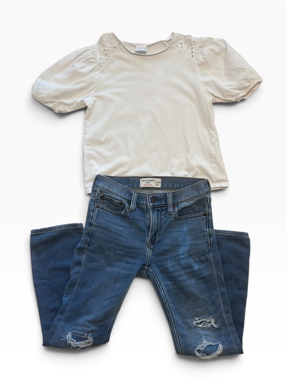 Zara Soft Cream Puff Sleeve Top & Abercrombie Distressed Jeans Girls 9–10